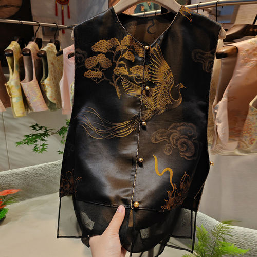 新中式凤凰印花桑蚕丝马甲女侧开叉背心外套夏季轻薄透气真丝罩衫