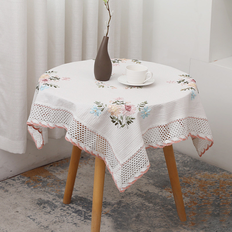 白色正方形桌布布艺棉麻小清新长方形餐桌布圆形桌布田园桌布绣花