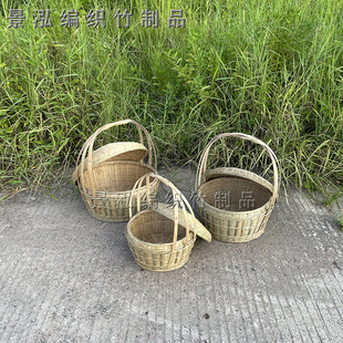 手提篮竹编带盖子圆形头层竹青编织喜庆节日拜神收纳篮入伙嫁娶用
