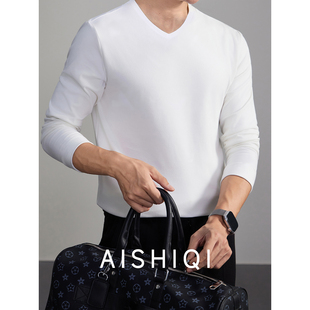 t恤男修身 低领男款 内搭白色打底衫 秋冬季 衣服打底上衣 男士 V领长袖