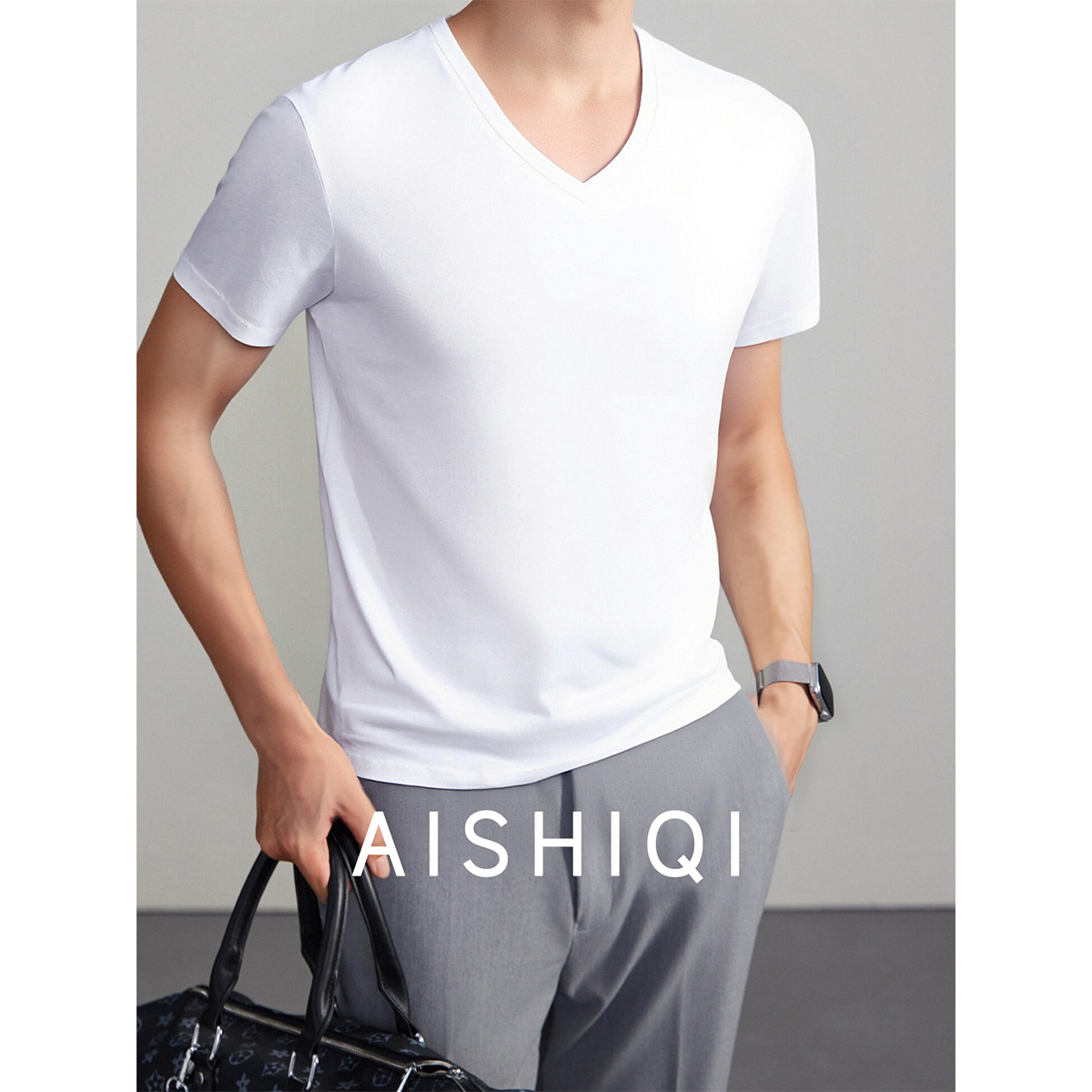 白色短袖男款t恤v领高级感春夏季新款男士低领显瘦内搭半袖上衣
