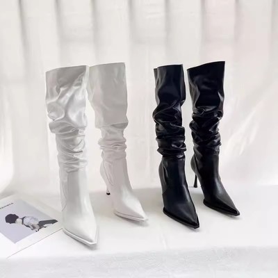 靴子女长筒靴2024年新款白色春秋季细跟高跟鞋高筒堆堆靴尖头长靴