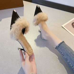 毛毛高跟拖鞋女冬外穿加绒202新款尖头半拖网红冬天拖鞋ins高跟