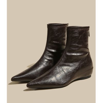 软皮版!复古棕色坡跟内增高瘦瘦靴女秋冬款气质法式尖头显瘦短靴