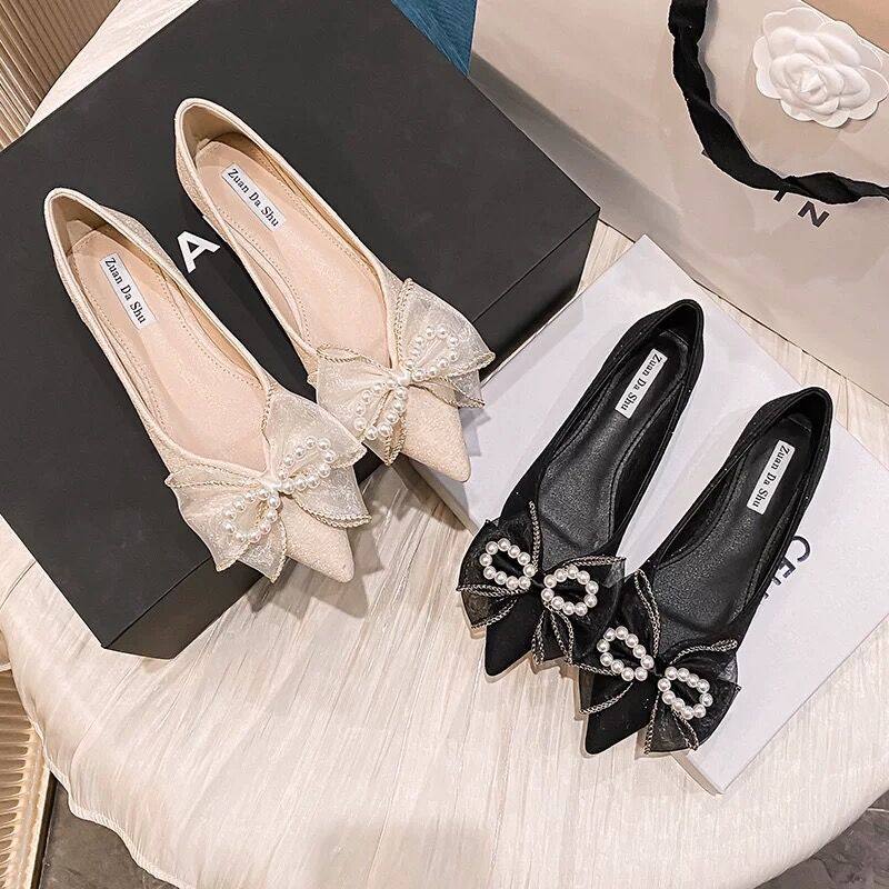 尖头蝴蝶结单鞋女2025夏季新款百搭浅口仙女鞋平底大码女鞋41到43,女鞋,乐福鞋（豆豆鞋）,淘宝优惠券,粉丝福利购,淘宝优惠卷