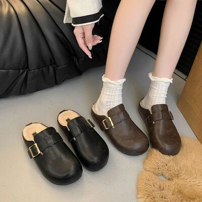 复古皮面厚底勃肯鞋半拖女2025秋冬新款加绒毛毛鞋一脚蹬包头拖鞋