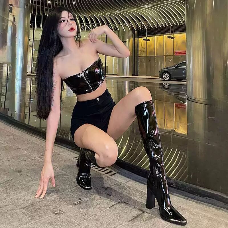 靴子女长筒靴2024年新款春秋季粗跟黑色高跟鞋肯豆同款高筒骑士靴