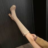 卡其色靴子女长筒靴秋冬显瘦粗跟高筒瘦瘦靴绒面方头高跟过膝长靴