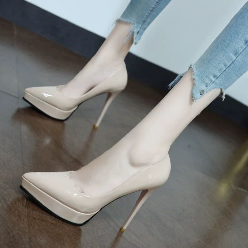 2025春秋新款12cm超高跟鞋性感夜店漆皮时尚防水台百搭细跟单鞋女