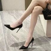 黑色高跟鞋 气质名媛女细跟后绊扣带凉鞋 女秋季 V字扣裸色软皮单鞋