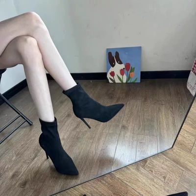 2024秋冬新款尖头细跟弹力靴黑色袜靴瘦瘦靴高跟鞋中筒短靴女靴子
