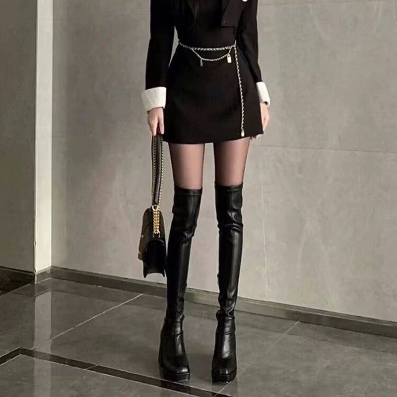 辣妹过膝长靴女2024冬季新款百搭防水台粗跟高跟弹力骑士时装靴子,女鞋,骑士靴,淘宝优惠券,粉丝福利购,淘宝优惠卷