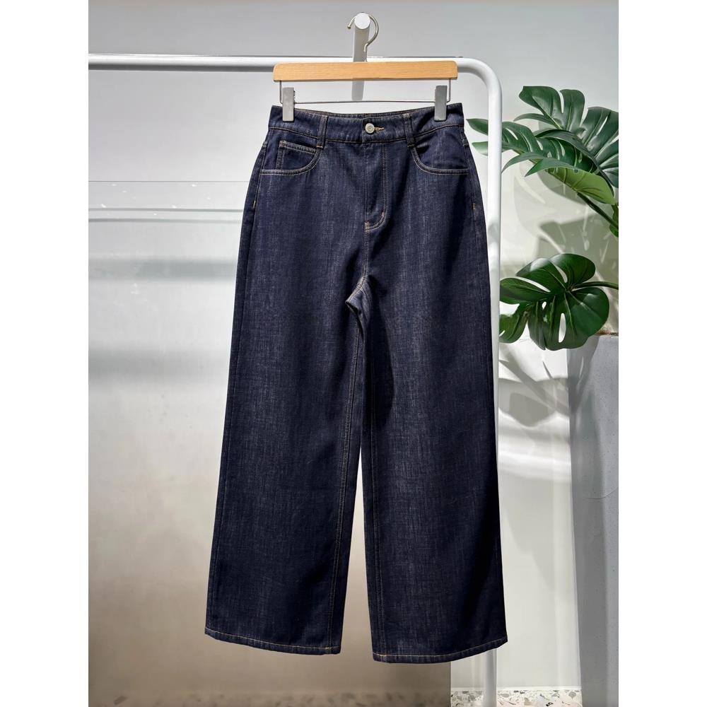 MM麦麦2025冬新款直筒阔腿加绒加厚藏青色牛仔裤女长裤4GB153941