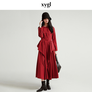 稀有概率原创设计感小众新中式 气质红色连衣裙女长款 秋季 解构长袖