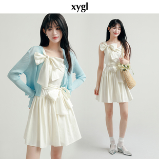 稀有概率原创设计夏季 裙子女初恋白月光背心连衣裙 白色蝴蝶结短款