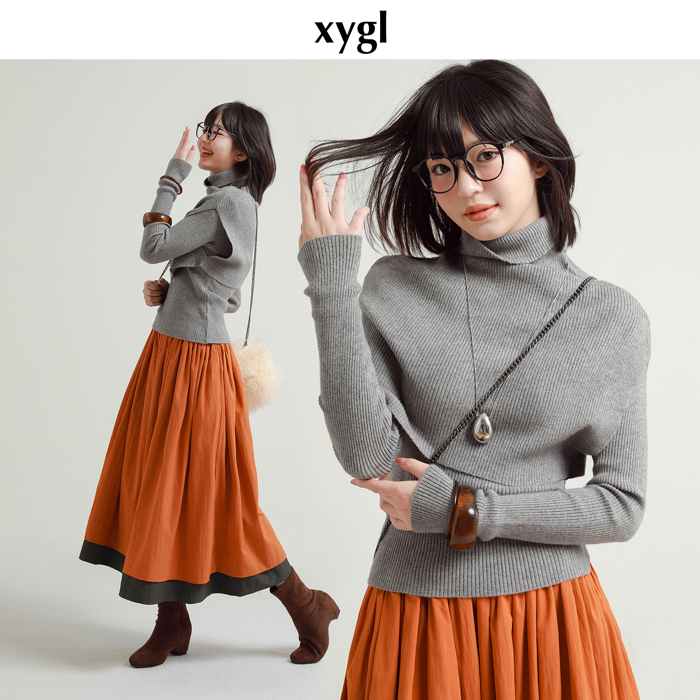 稀有概率 双重拥抱 披肩针织衫套装女秋冬斗篷高领打底上衣两件套