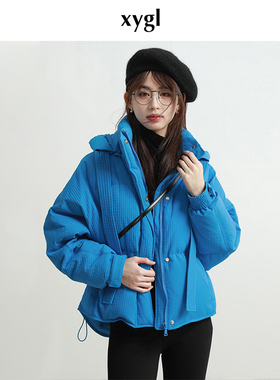 稀有概率香暖华夫蓝色羽绒服女短款2025冬季新款连帽面包服外套