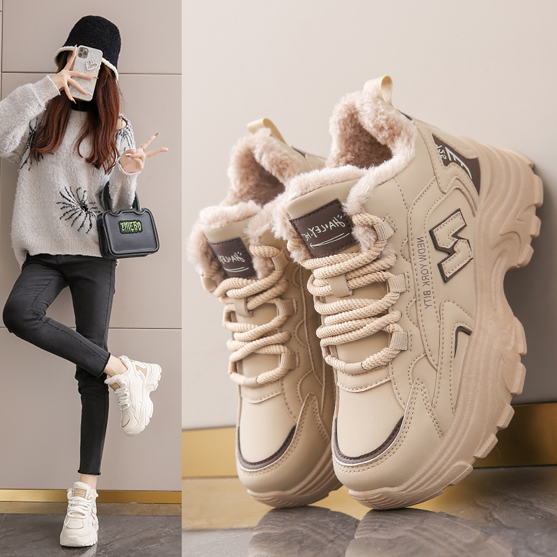 高级感新款皮面厚底老爹鞋女2025年冬季加绒加厚保暖运动休闲棉鞋