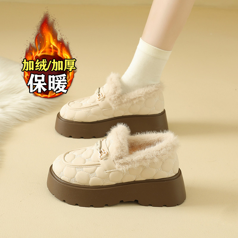 小香风加绒保暖棉鞋女2025新款冬季厚底增高毛毛乐福鞋一脚蹬防滑,女鞋,乐福鞋（豆豆鞋）,淘宝优惠券,粉丝福利购,淘宝优惠卷