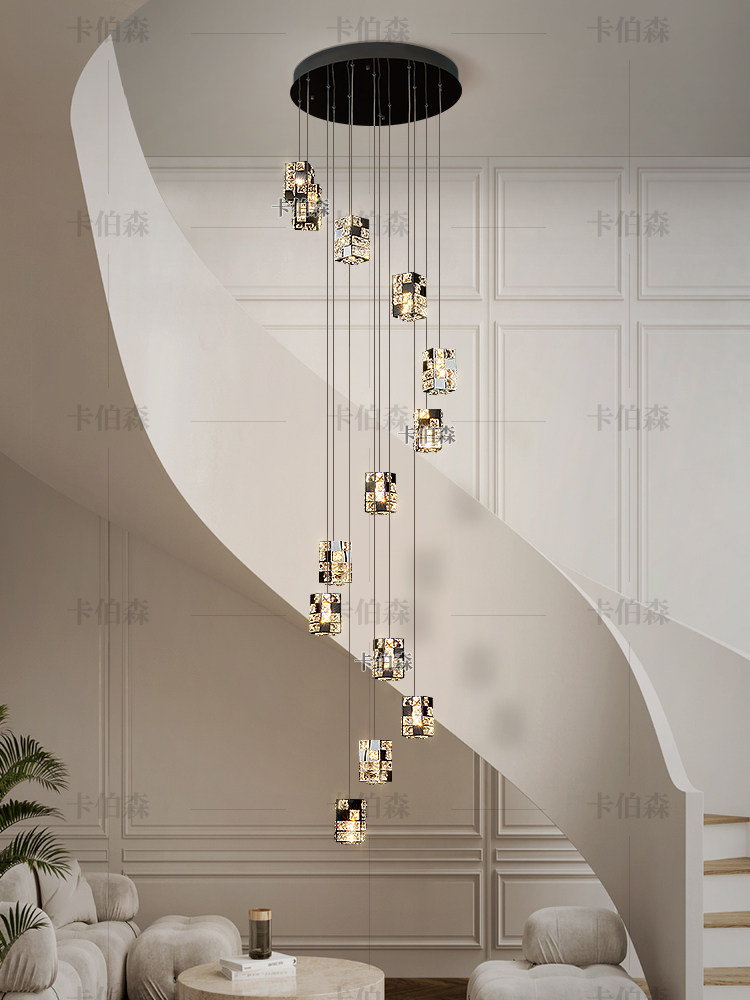 别墅水晶覆式楼梯长吊灯现代无障碍豪华优雅高端空气采摘地板空心
