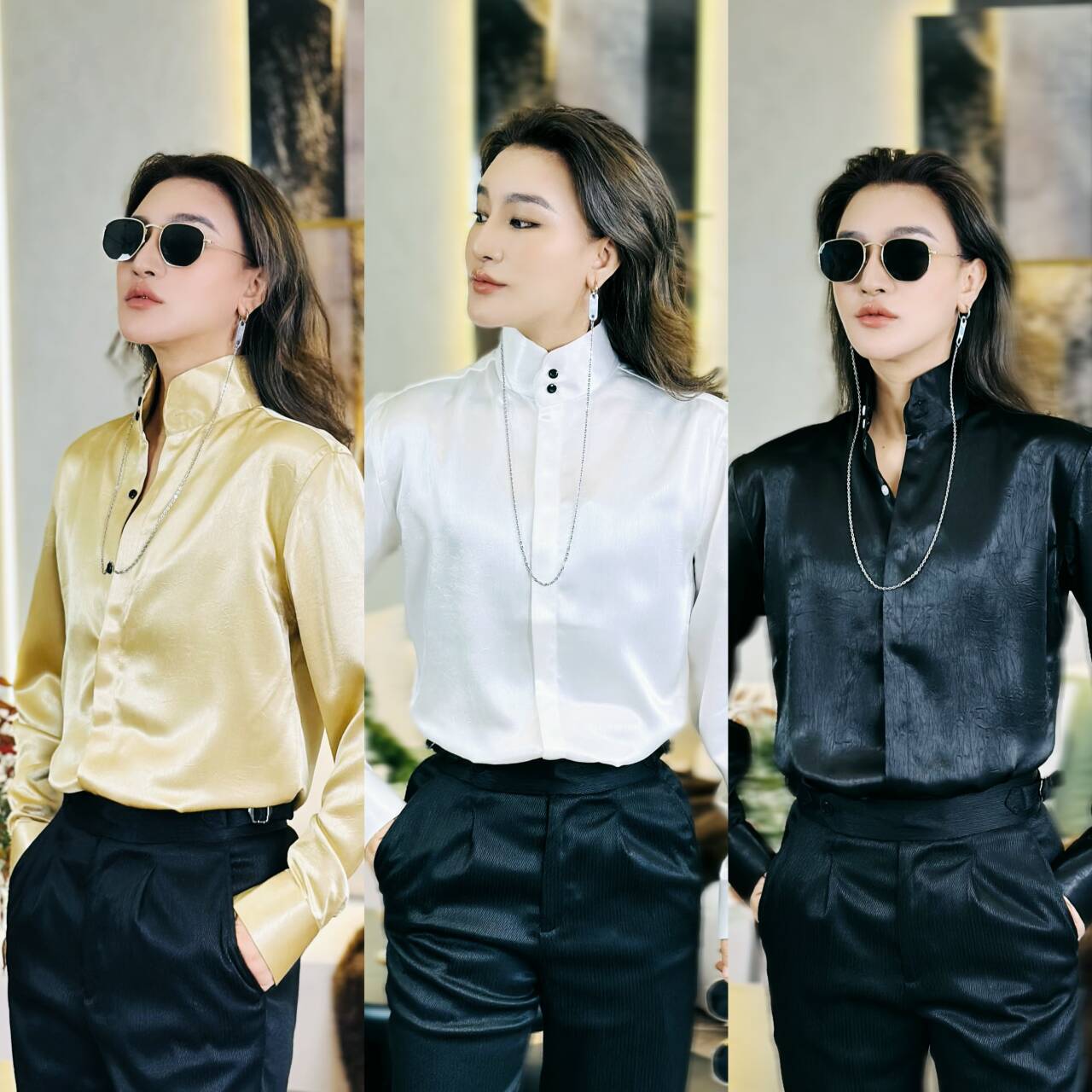 立领缎面垂感衬衫男女同款