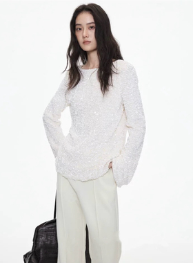 25秋冬/白色亮片长袖上衣女打底衫内搭高级感
