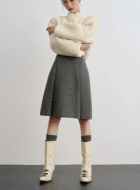 秋冬时髦简约100羊毛灰色A字百褶裙半裙