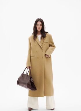 25秋冬/卡其色西装领双面尼羊毛大衣长款外套高级感气质