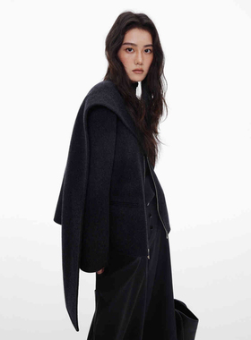 25秋冬/极简风黑色双面尼围脖拉链羊毛外套