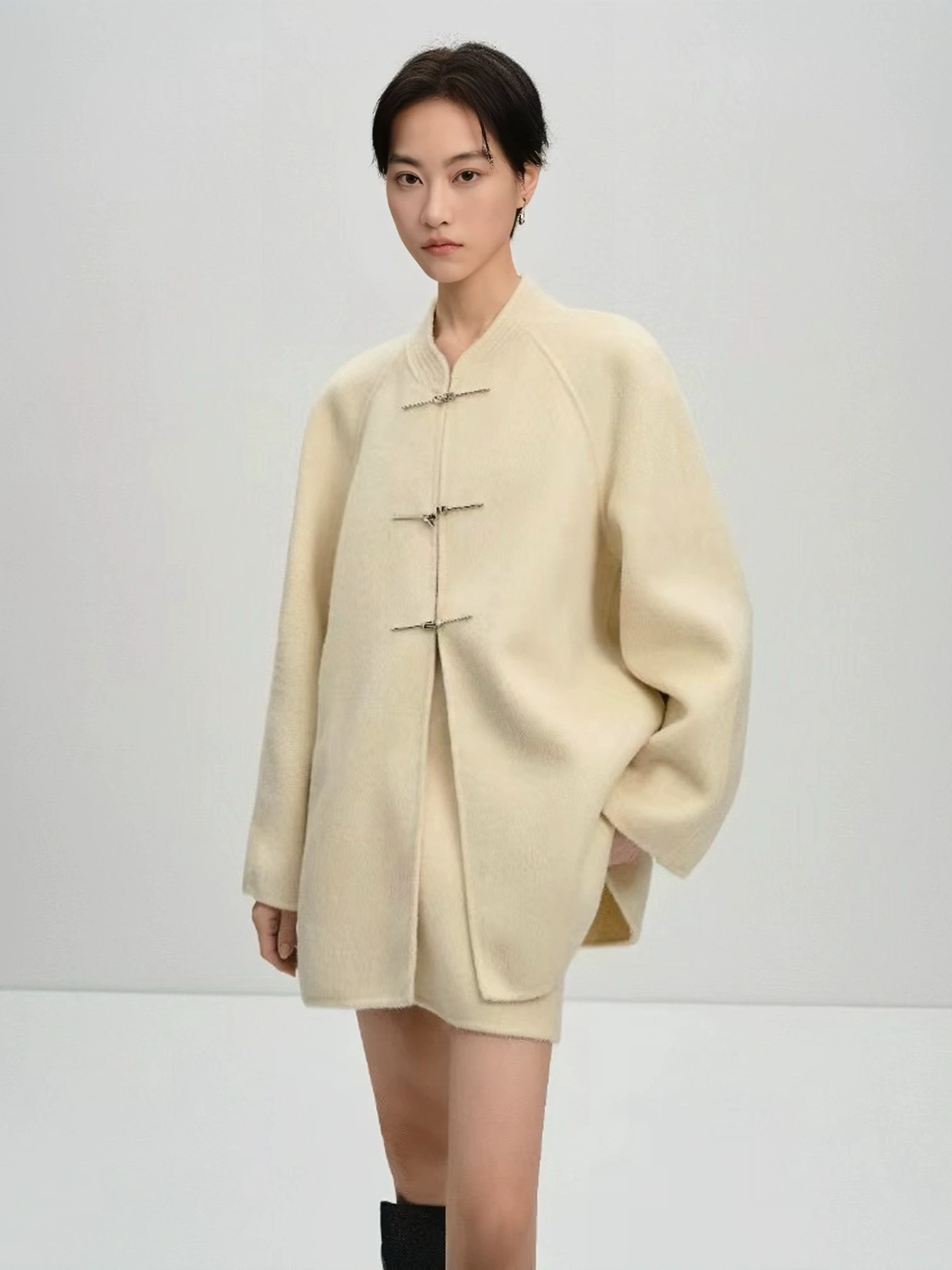 双面呢新中式一字扣半裙套装女