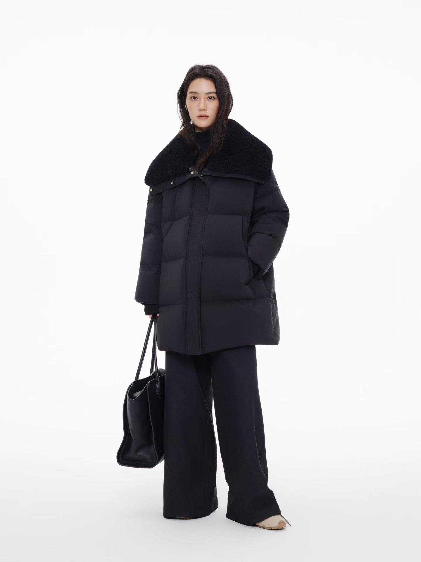 黑色毛领宽松中长款加厚羽绒服厚实保暖可卸袖子外套25冬季新品