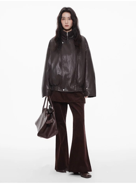 25秋冬/复古咖色羽绒派克服pu皮衣夹克外套女