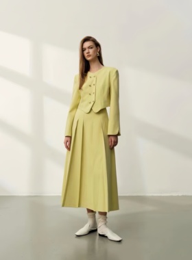 25秋/时尚双排扣短款外套A字半身裙套装两件套