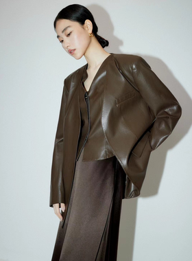 25秋/ 美拉德系宽松咖色pu皮衣宽松外套