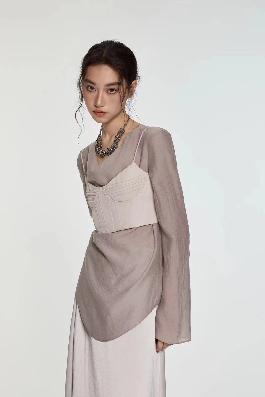 时尚灰色堆堆领薄纱上衣吊带抹胸两件套女