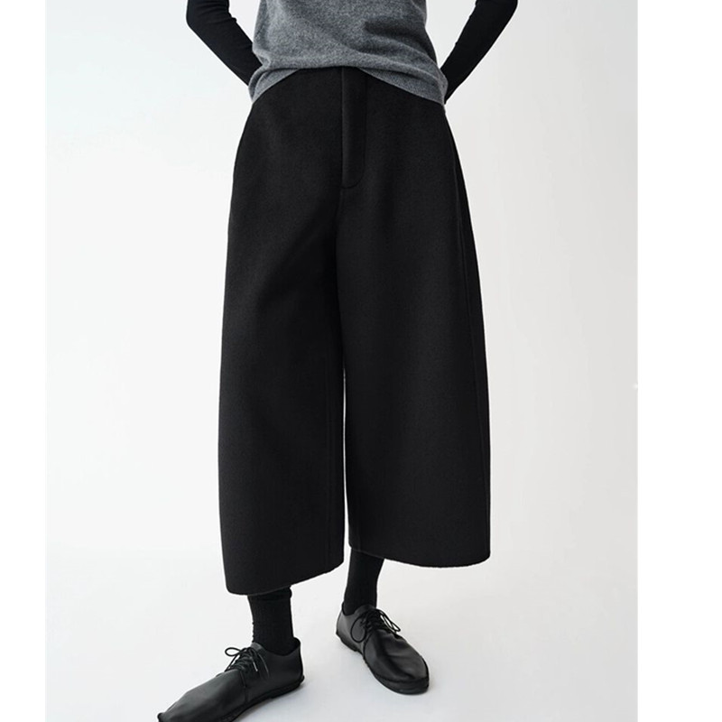 jaja休闲羊毛羊绒双面呢亲肤立裁弧形8分裤女冬季奶奶裤