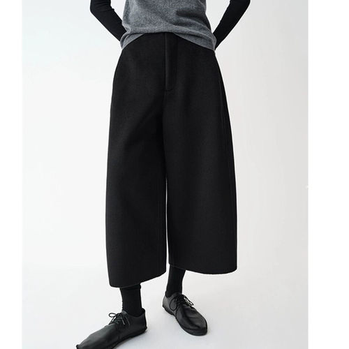 jaja休闲羊毛羊绒双面呢亲肤立裁弧形8分裤女冬季奶奶裤