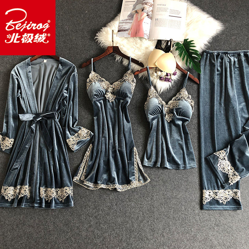金丝绒睡衣女性感四件套睡袍长袖套装秋冬韩版宽松带胸垫睡裙吊带