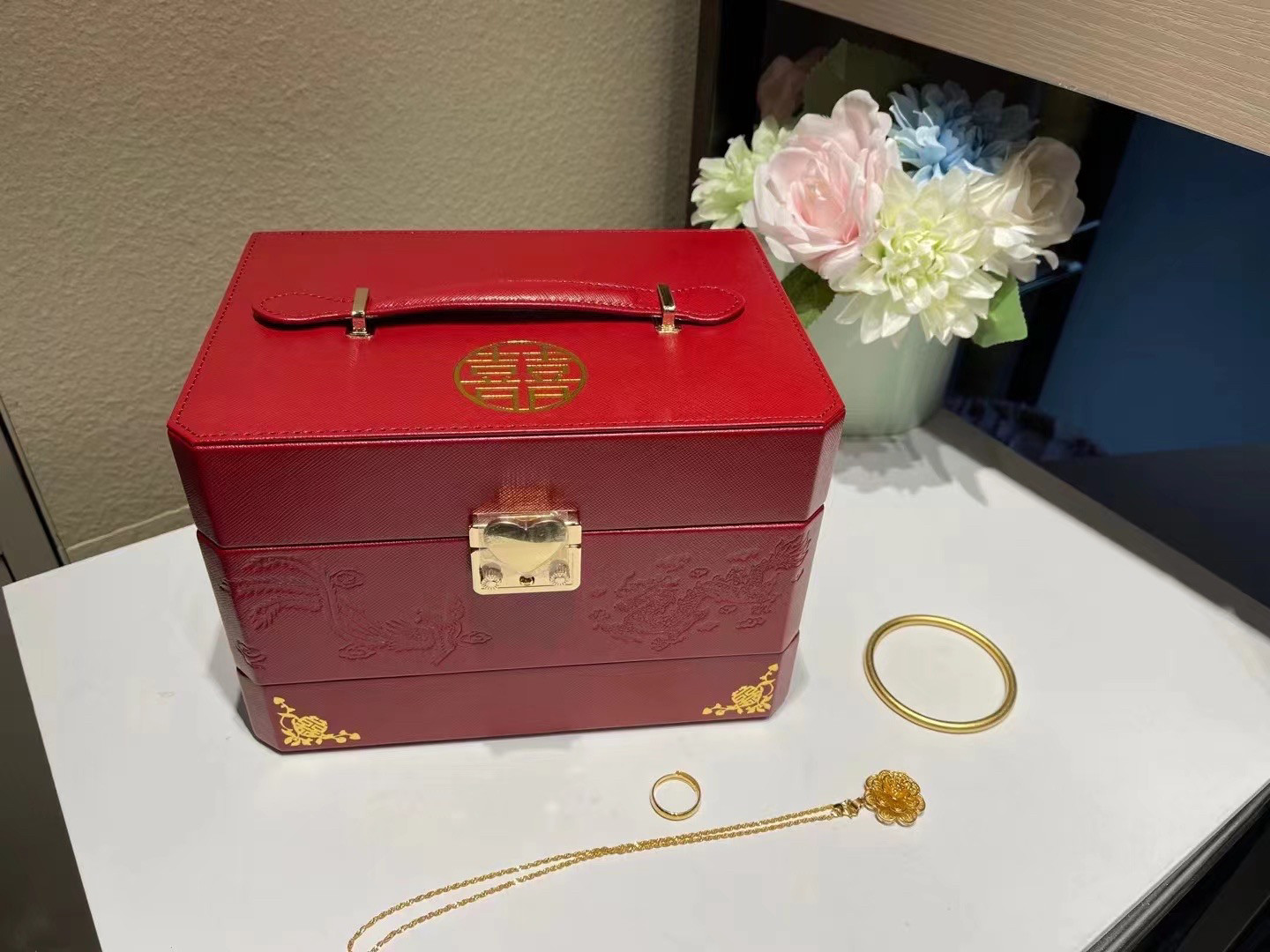 三金首饰盒结婚珠宝黄金五金聘礼盒戒指吊坠订婚彩礼珠宝包装收纳