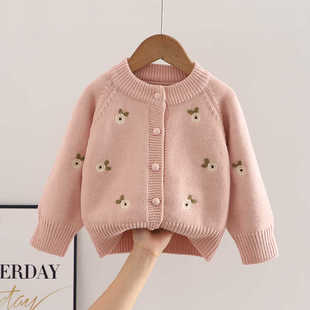 女童针织开衫手工花洋气韩系中小童秋装2025新款儿童毛衣外套女潮