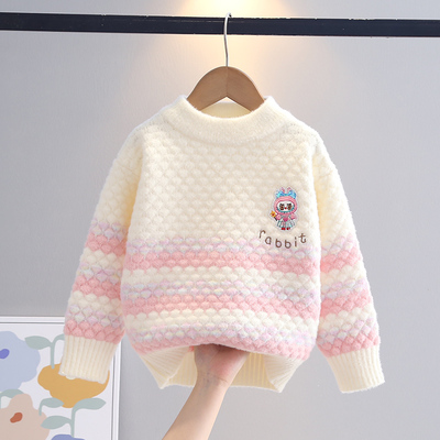女童加绒毛衣冬天加厚保暖2025新款中小童学生套头圆领儿童水貂绒