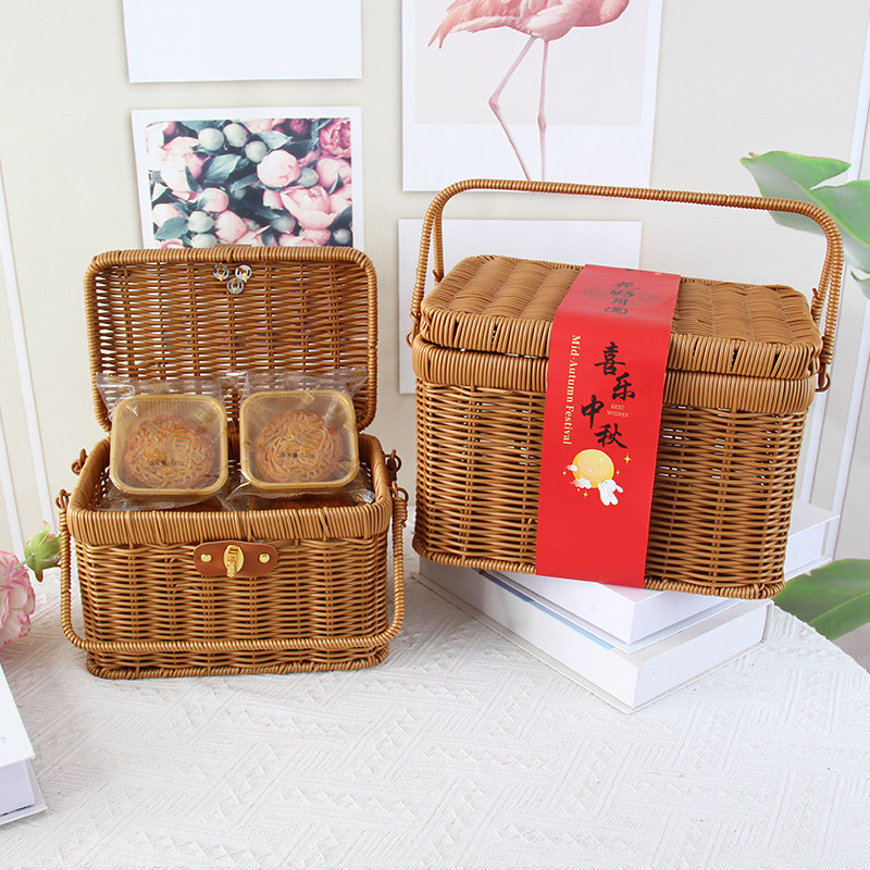 仿藤编织手提篮结婚礼品箱中秋节月饼礼品水果篮收纳伴手礼篮子