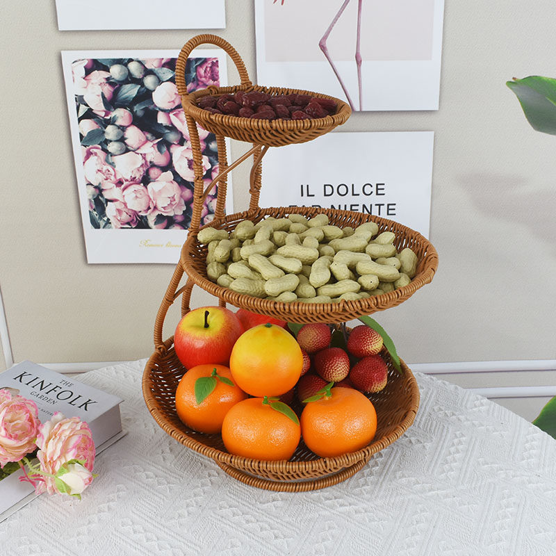 모조 등나무 짠 보관 바구니 라운드 다층 과일 바구니 브래킷 레스토랑 주방 호텔 캔디 스낵 과일 트레이 바구니