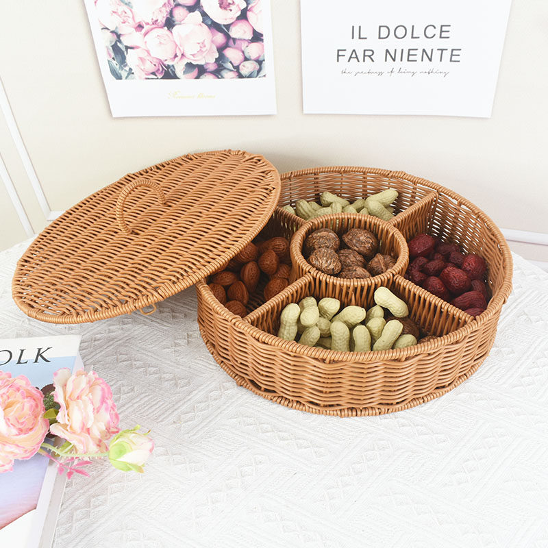 仿藤编织带盖分格篮干果喜糖桌面收纳盒礼品盒手工编织分格篮子