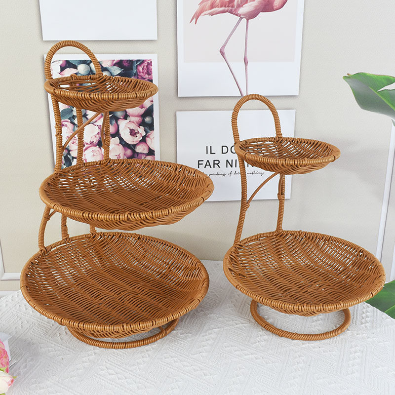 모조 등나무 짠 보관 바구니 라운드 다층 과일 바구니 브래킷 레스토랑 주방 호텔 캔디 스낵 과일 트레이 바구니