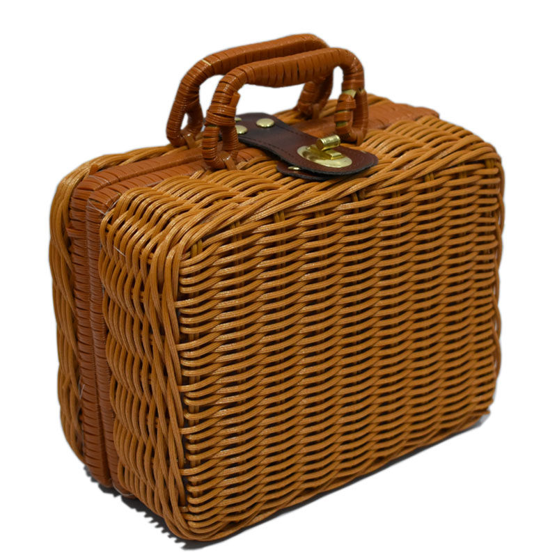 仿藤编织收纳篮野餐箱复古户外拍照道具整理箱化妆箱包田园手提箱