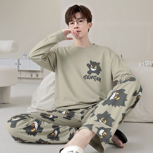 睡衣春秋季 家居服学生套装 纯棉长袖 薄款 卡通宝可梦耿鬼加大码 男士