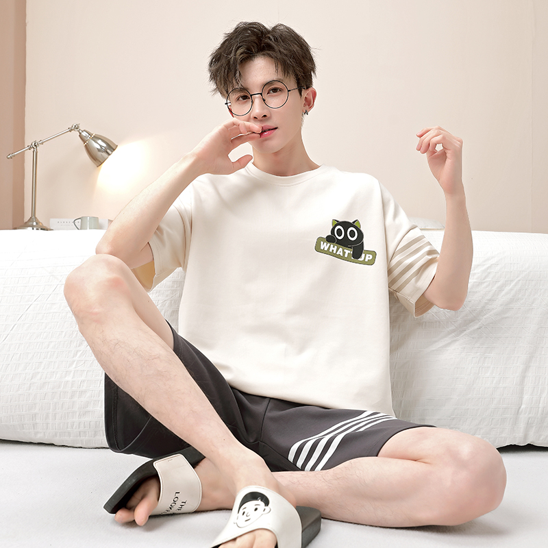 男士睡衣夏季纯棉短袖薄款卡通休闲大码宽松青少年家居服学生套装