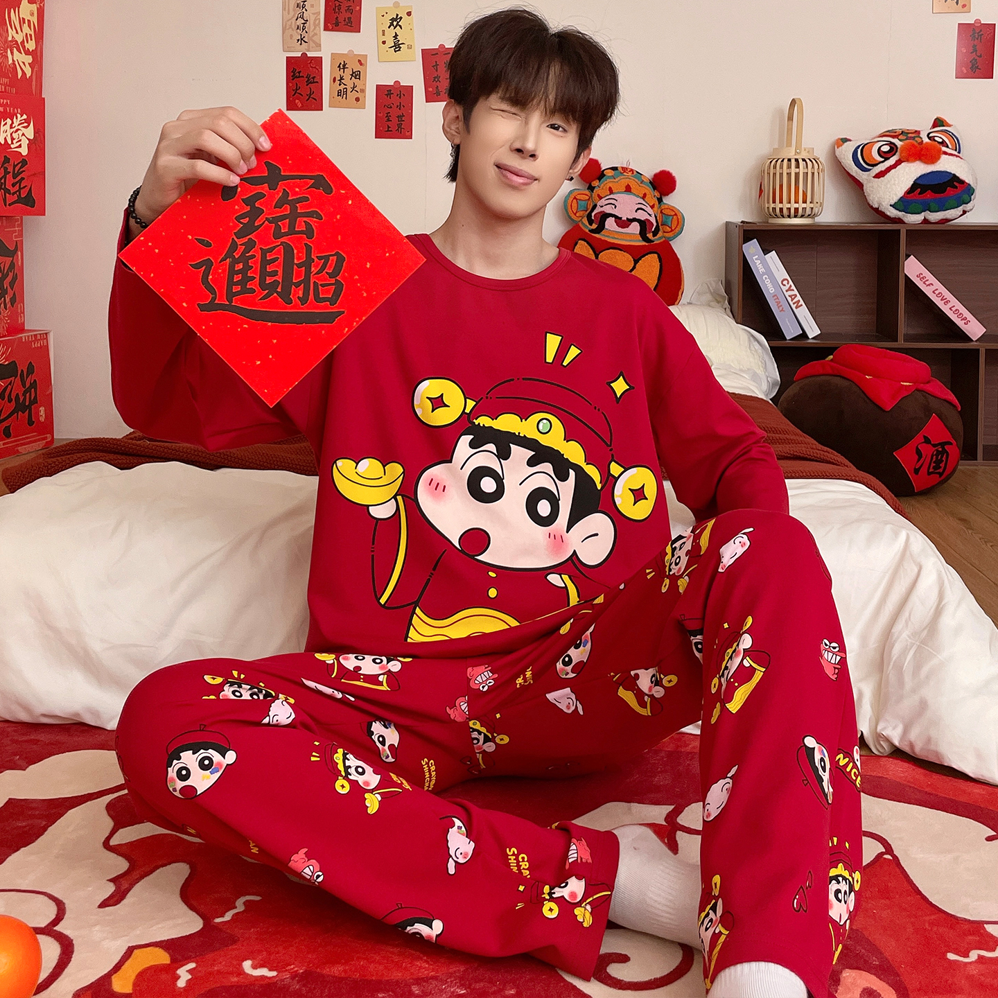 男士睡衣春秋款纯棉薄款长袖卡通蜡笔小新大红色拜年服家居服套装