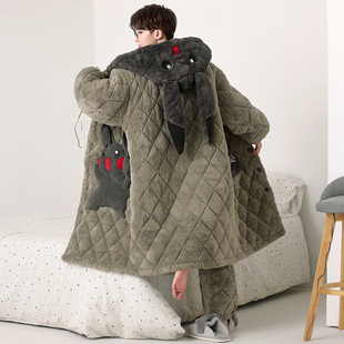 珊瑚绒夹棉加厚加绒青少年睡袍可外穿卡通家居服套装 男士 睡衣冬季